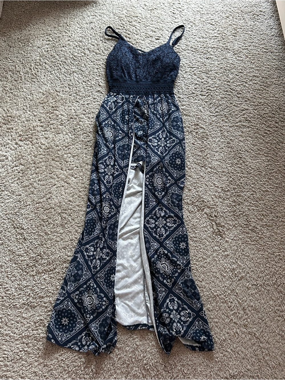 navy patterned lace maxi dress with slit